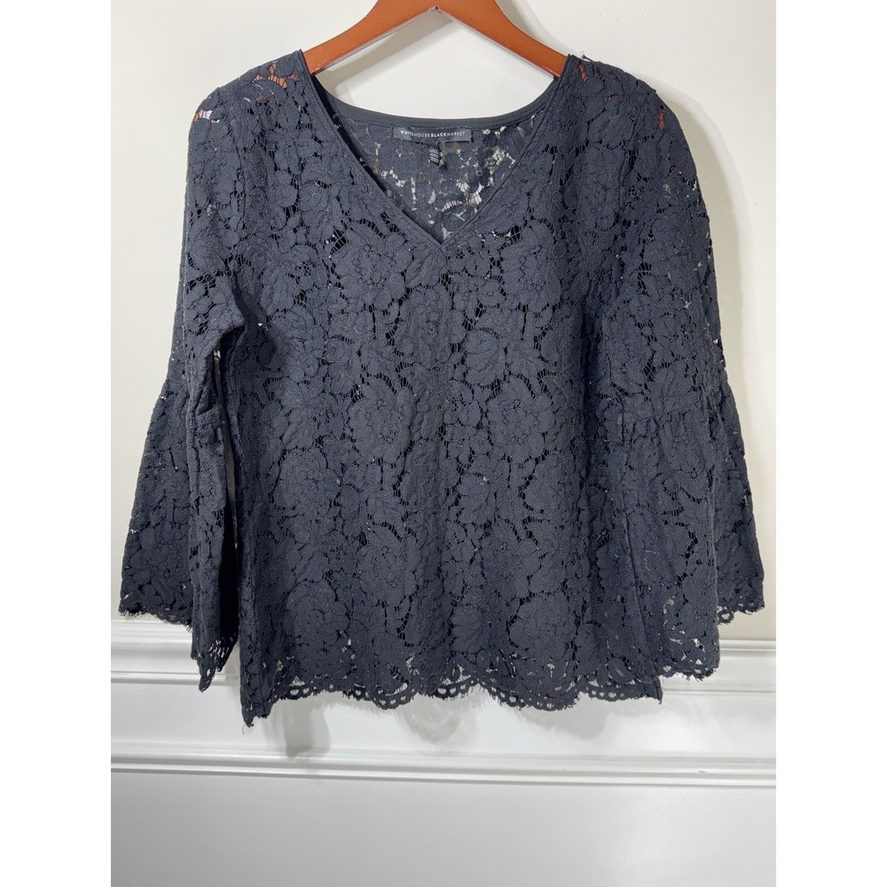 Whitehouse Black Market Women's Blouse Size Large Black Lace Boho Bell Sleeve